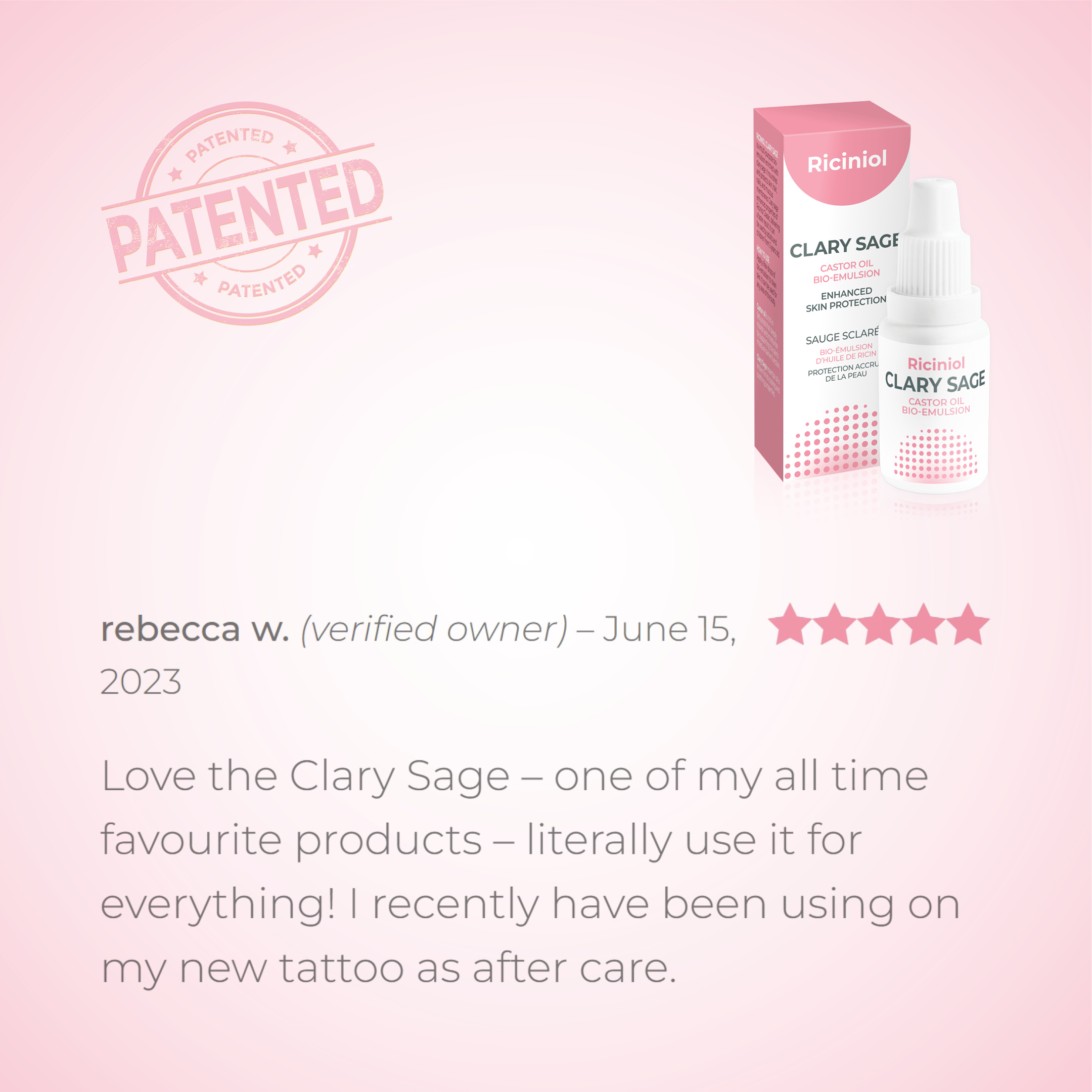Riciniol Clary Sage by rebecca w. Love the Clary Sage – one of my all time favourite products – literally use it for everything! I recently have been using on my new tattoo as after care.